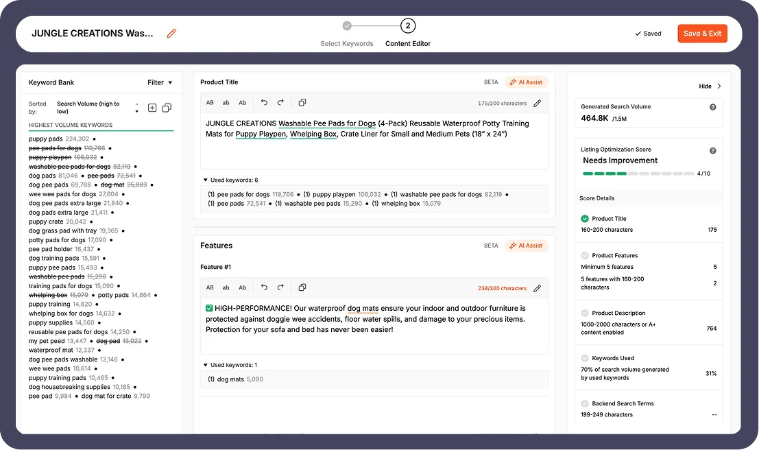 Aperçu Jungle Scout Listing Builder avec termes à intégrer dans une fiche produit Amazon