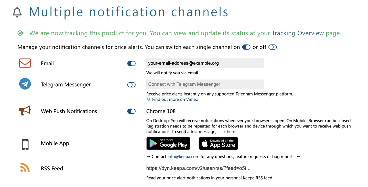 Capture publique Keepa montrant les canaux de notification disponibles pour les alertes de prix