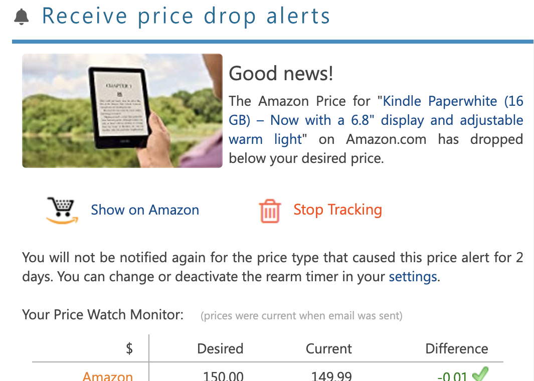 Capture publique Keepa montrant une notification de baisse de prix Amazon
