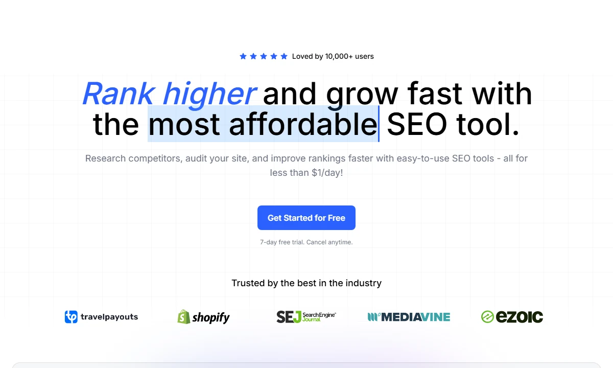 Public Keysearch SEO Tool page with ranking and growth messaging