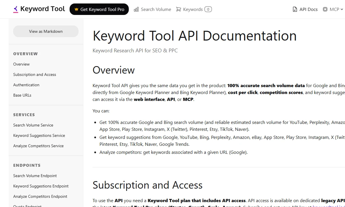 Public KeywordTool.io API documentation preview