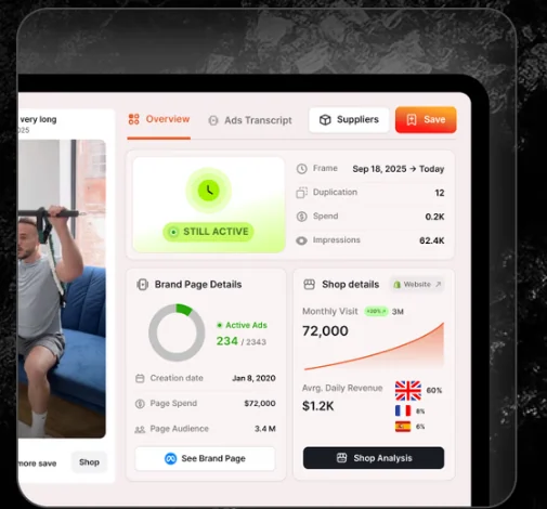 Aperçu public Minea montrant le détail d'une annonce avec statut actif, métriques, page de marque et analyse boutique