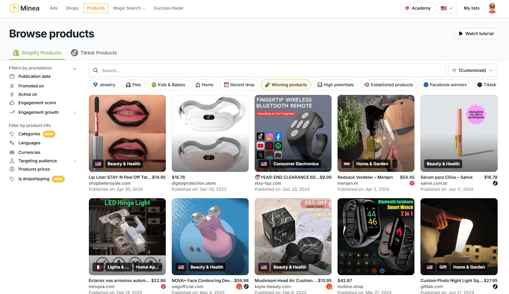 Aperçu public Minea montrant une grille de produits gagnants avec filtres Shopify, TikTok, catégories et engagement