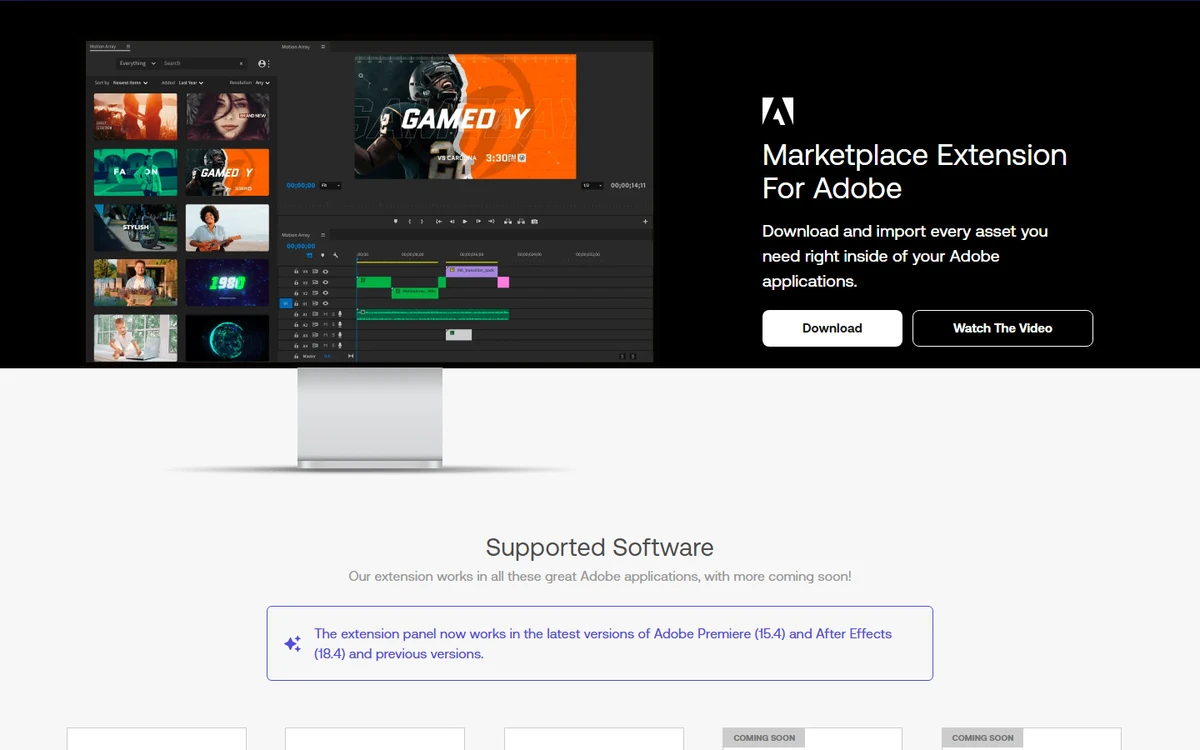 Public MotionArray preview of the Adobe extension importing assets into an editing app