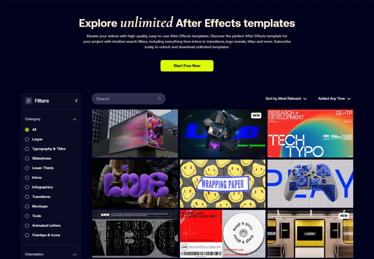 Public MotionArray preview showing an After Effects template grid with filters and visual results