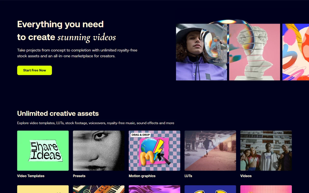 Public MotionArray preview showing the homepage and video asset categories