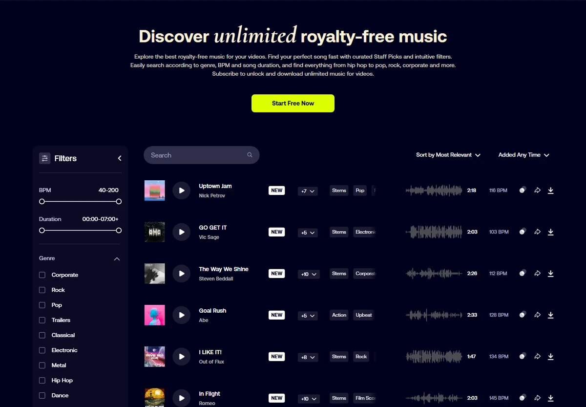 Public MotionArray preview of the royalty-free music library with filters, BPM, genres, and tracks