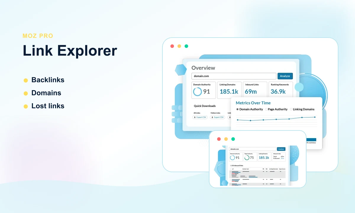Aperçu public Moz Link Explorer avec backlinks et domaines référents