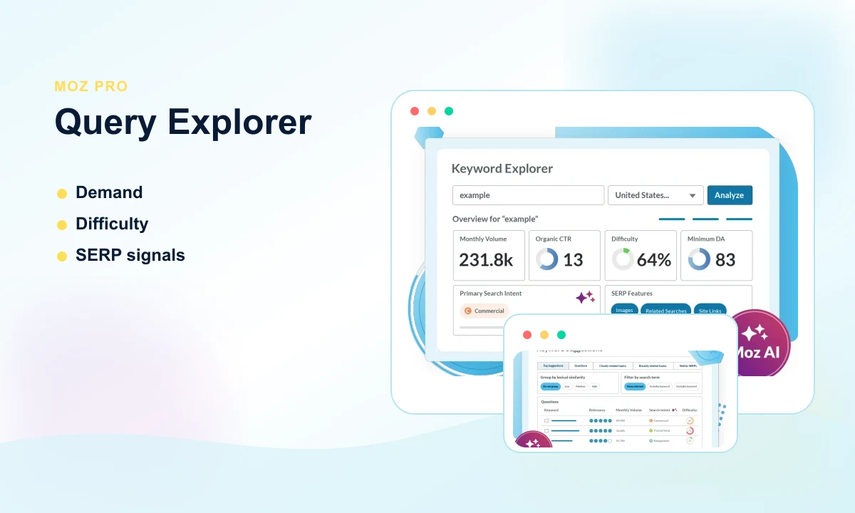 Public Moz preview of query research, volume, and difficulty