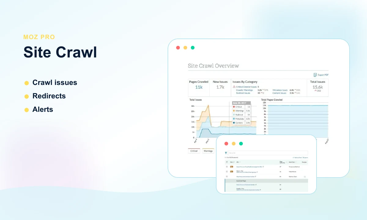Aperçu public Moz Site Crawl avec problèmes techniques et alertes