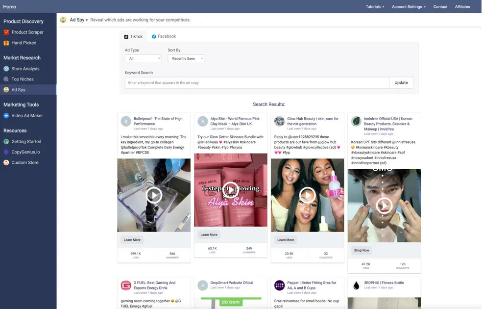 Public Niche Scraper Ad Spy preview with TikTok ads, metrics, and keyword search