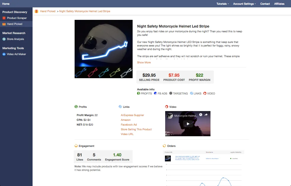 Public Niche Scraper Hand Picked preview with product, margin, supplier links, and ad example