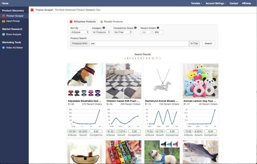 Public Niche Scraper Product Scraper preview with AliExpress filters and product results