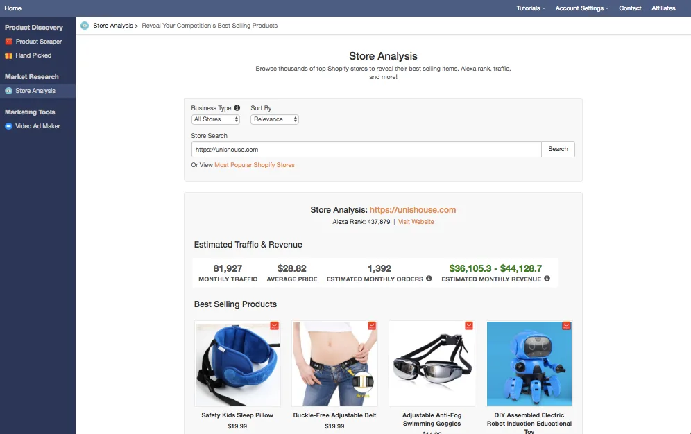 Public Niche Scraper Store Analysis preview with estimated traffic, revenue, and sold products