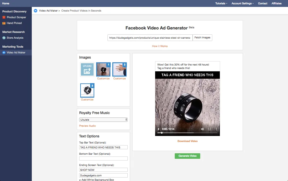 Public Niche Scraper Video Ad Maker preview with product images, text, and video generation