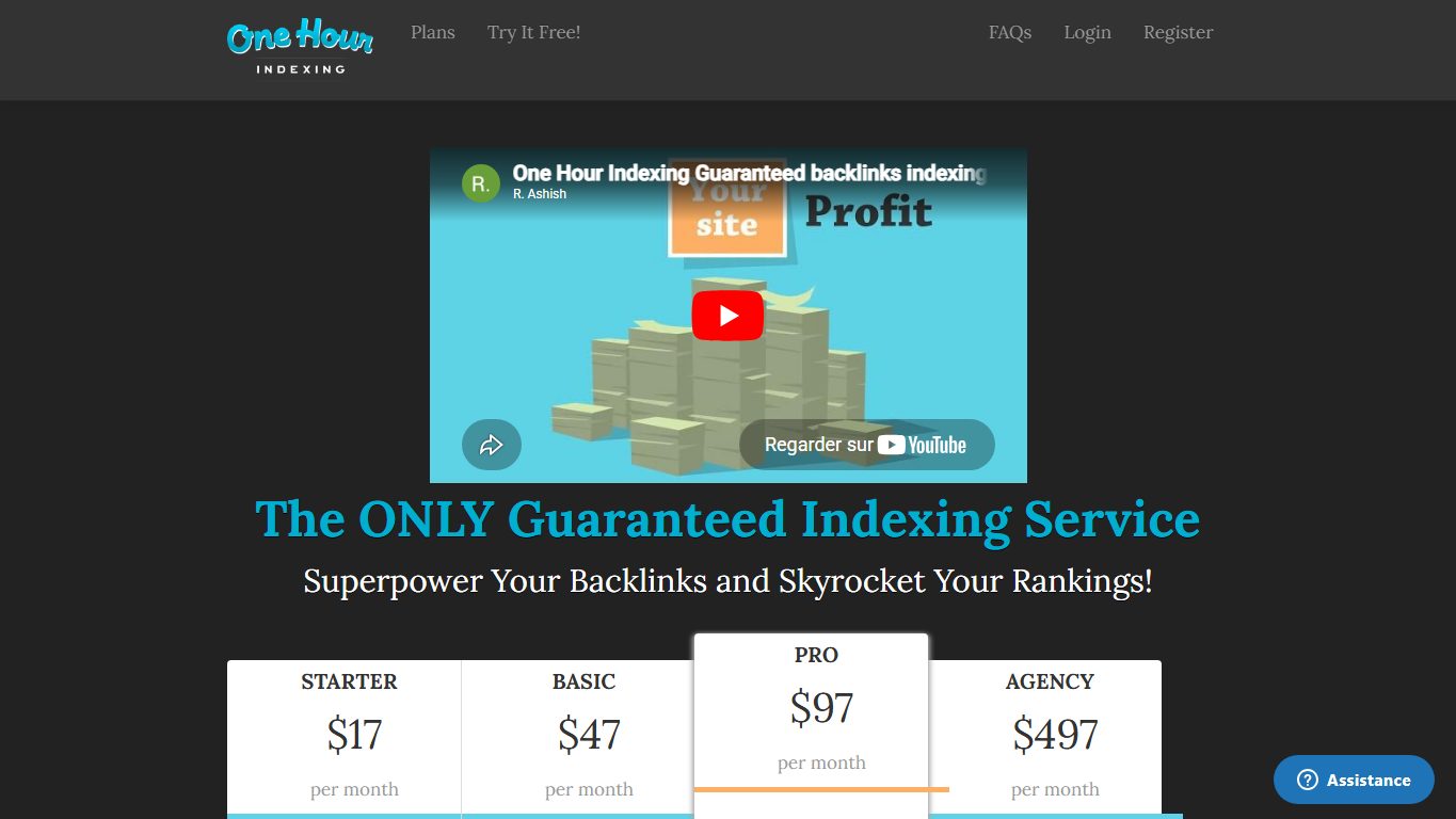 Aperçu public One Hour Indexing montrant les volumes, API et rapports selon les offres officielles
