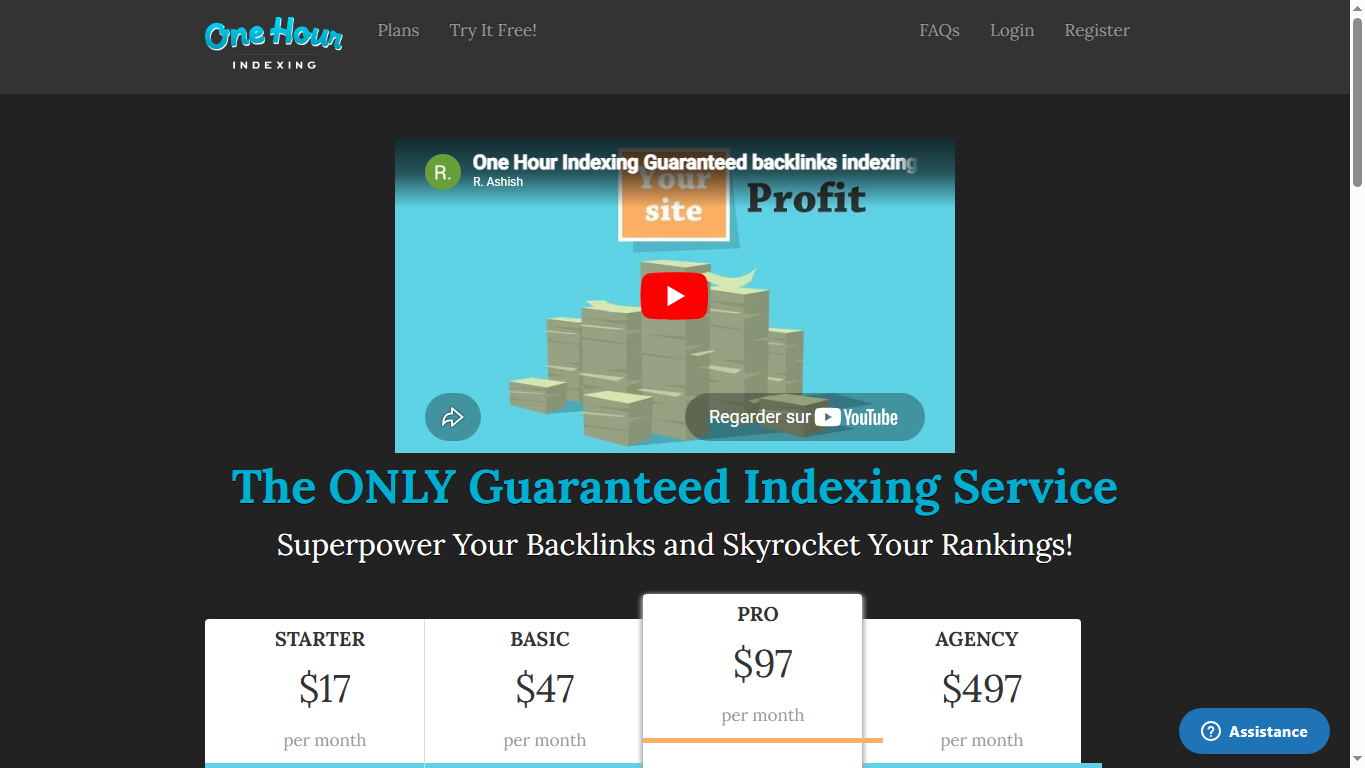 Capture publique du site One Hour Indexing montrant l'offre d'indexation de backlinks