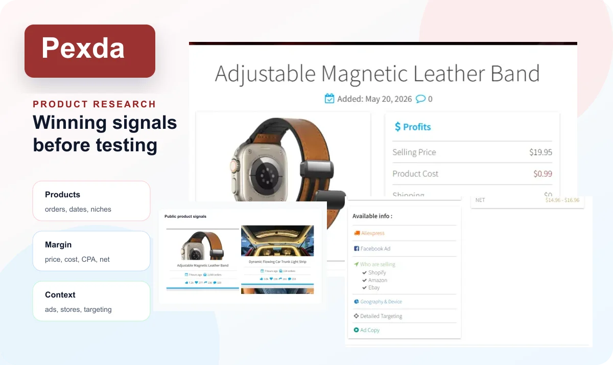 Composition Pexda montrant une fiche produit, une marge et des signaux de contexte