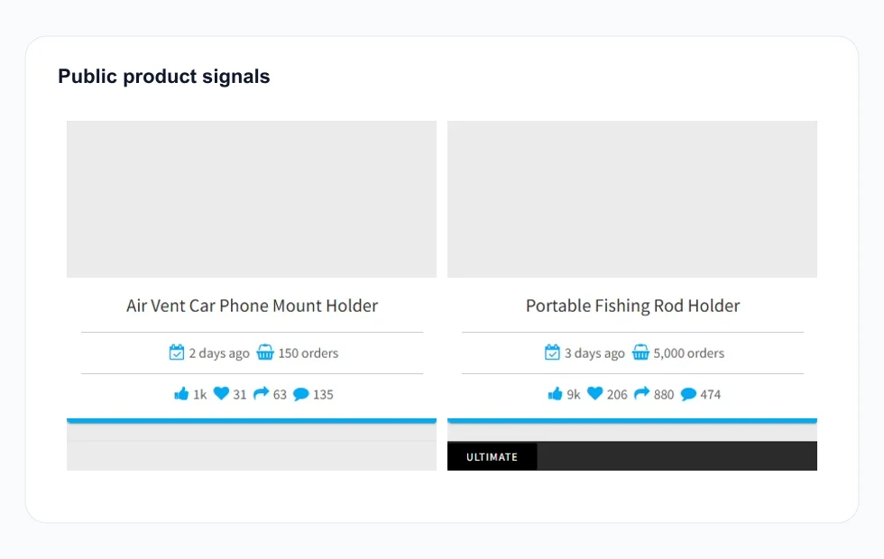 Aperçu public Pexda montrant d'autres cartes produits avec commandes et engagement