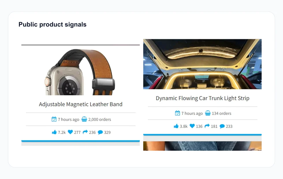 Aperçu public Pexda montrant une liste de produits avec date, commandes et signaux d'engagement