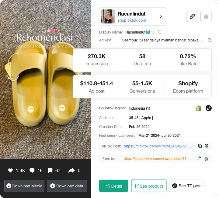 Public PiPiADS preview showing ad details, estimated costs, and product links
