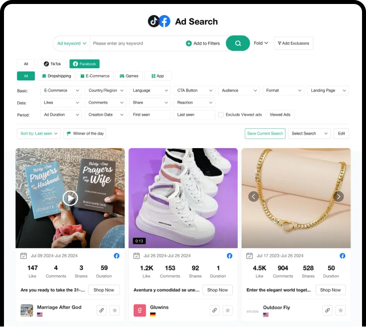 Aperçu public PiPiADS avec recherche d'annonces et métriques