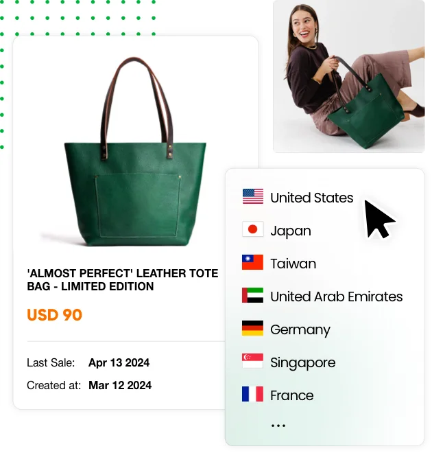 Public PiPiADS preview showing a country filter applied to an ad creative