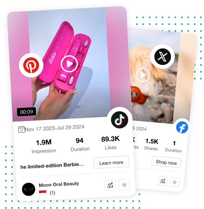 Public PiPiADS preview showing social creatives across TikTok, Facebook, and Pinterest