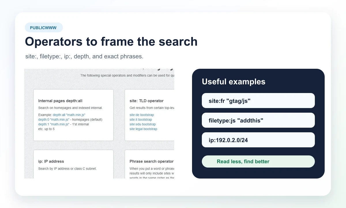 PublicWWW preview of available search operators