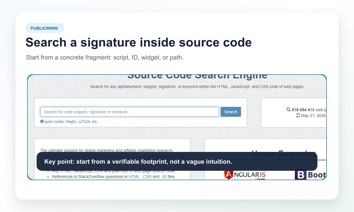 Public PublicWWW screenshot of the source-code search engine