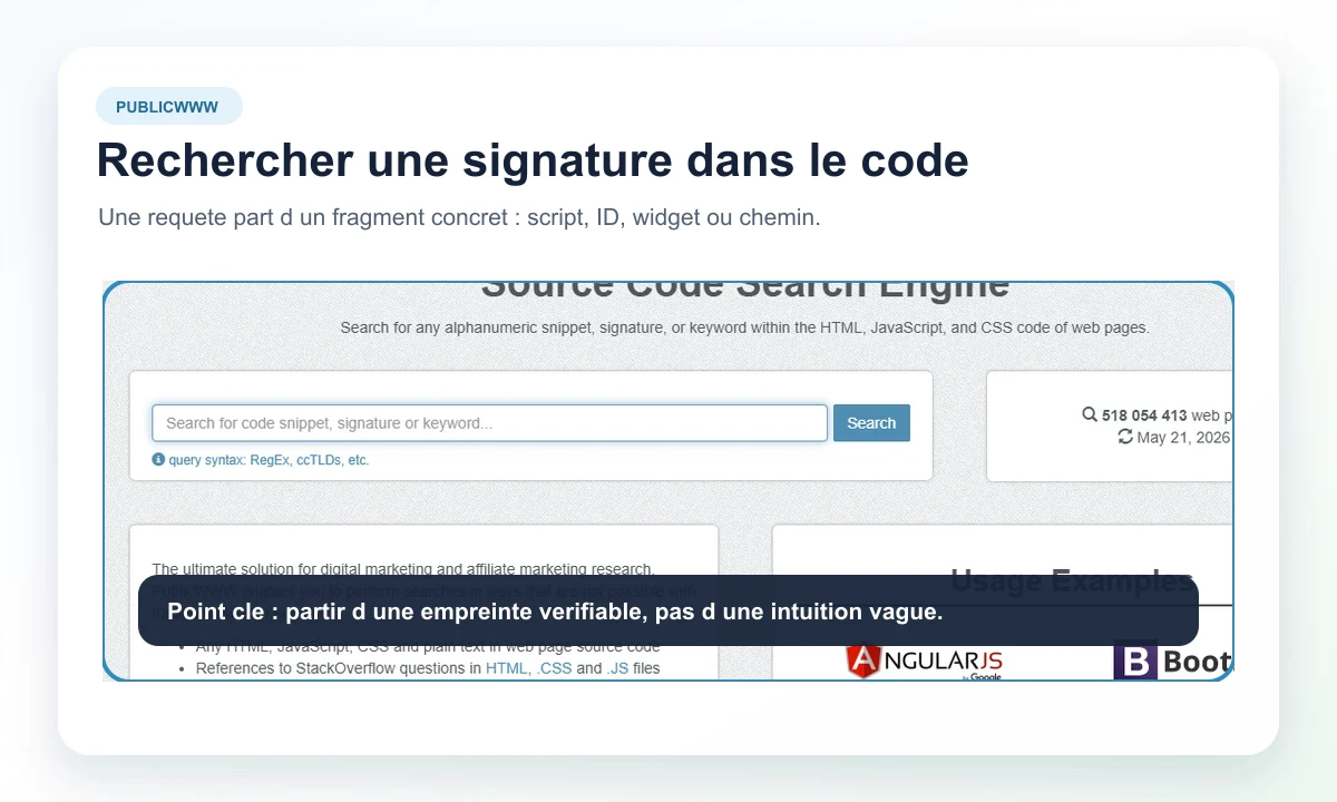 Capture publique PublicWWW du moteur de recherche de code source