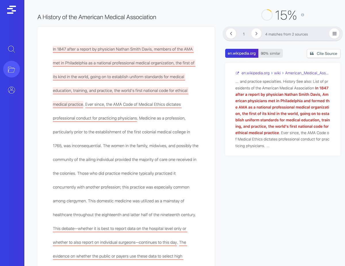 Capture publique Quetext montrant un rapport de similarité