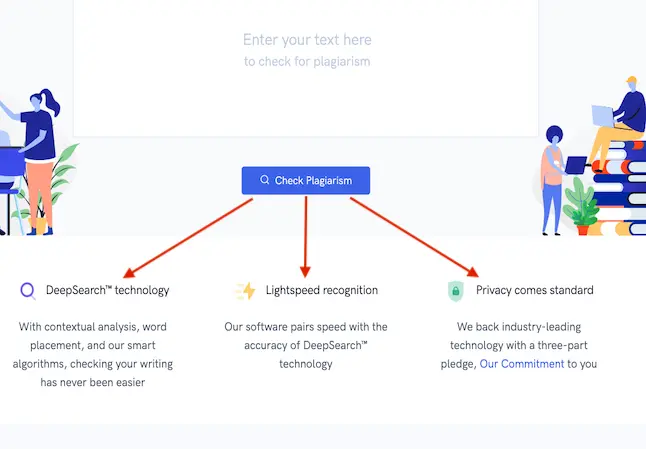 Aperçu public Quetext montrant DeepSearch, la vitesse de reconnaissance et la confidentialité