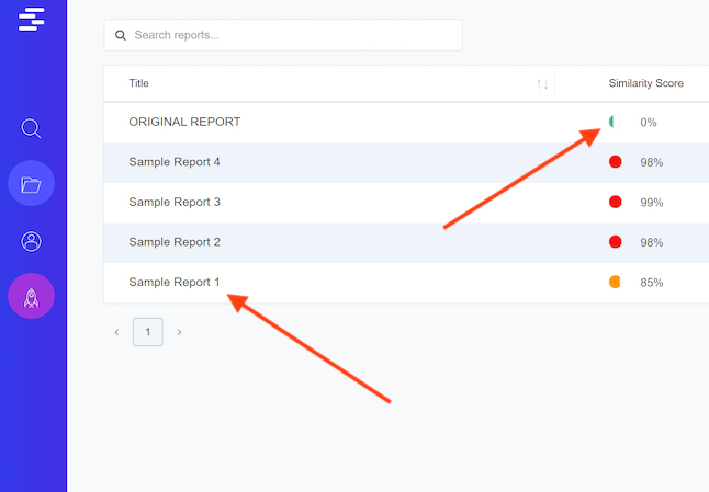 Aperçu public Quetext montrant une liste de rapports avec scores de similarité