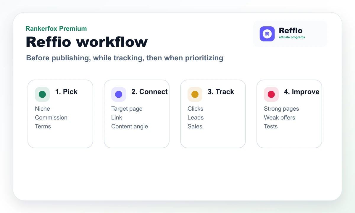 Rankerfox composition showing a Reffio workflow inside the Premium plan
