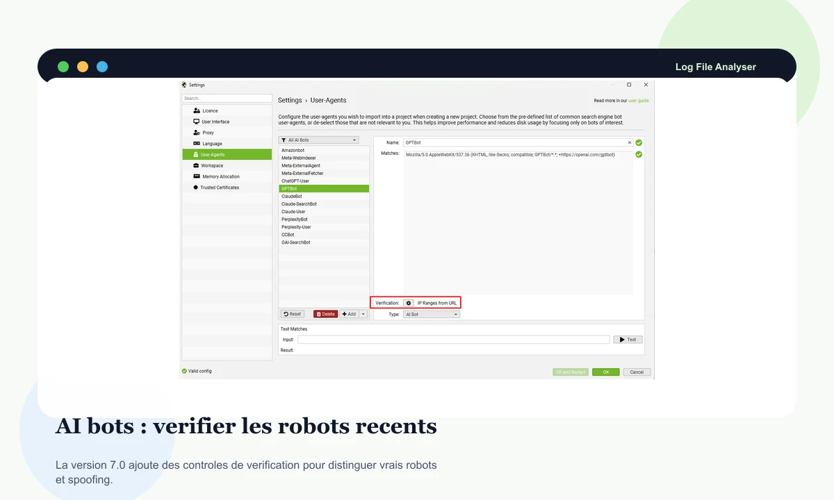 Screaming Frog Log File Analyser preview with AI bot verification