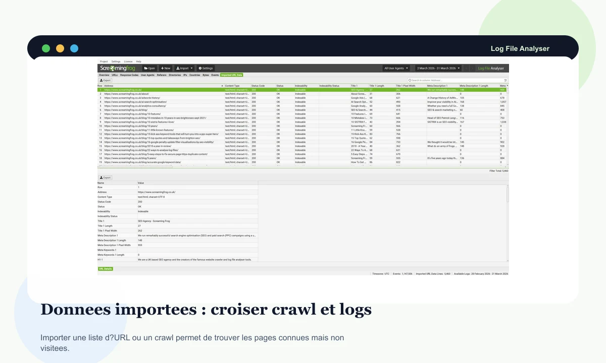 Screaming Frog Log File Analyser preview with imported URL data
