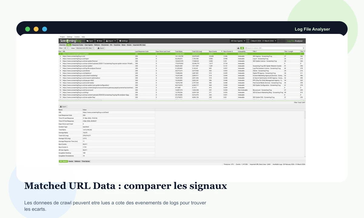 Screaming Frog Log File Analyser preview with URL data matched against logs