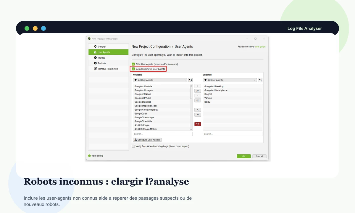 Screaming Frog Log File Analyser preview with unknown user-agents