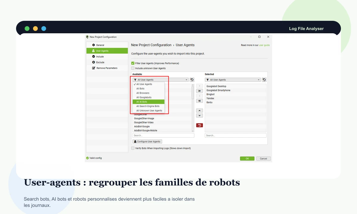 Screaming Frog Log File Analyser preview with user-agent groups