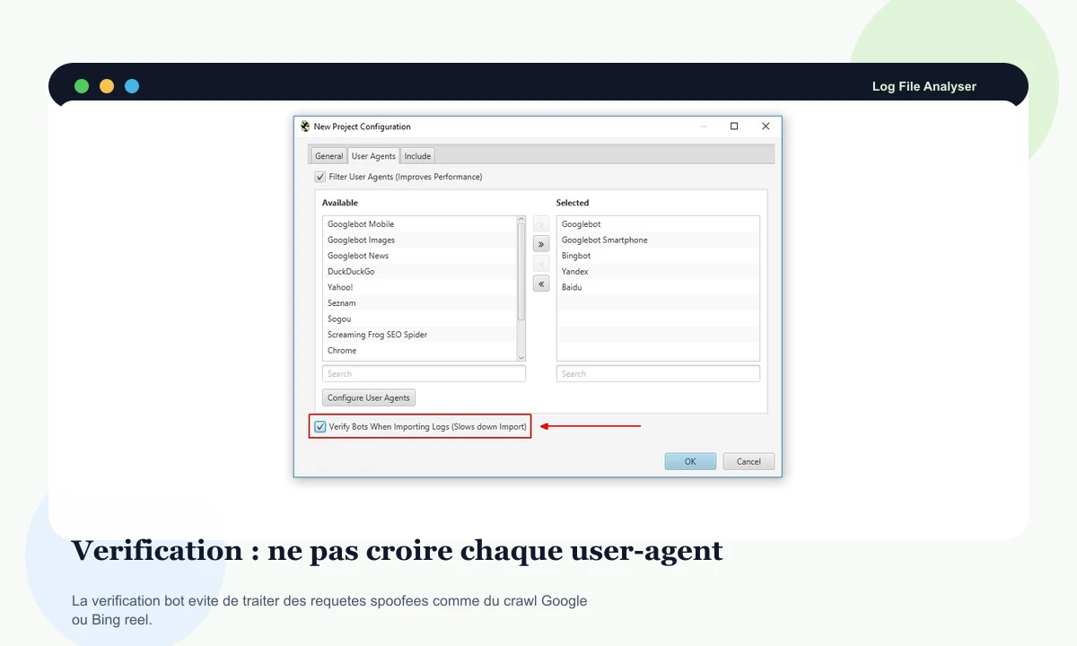 Screaming Frog Log File Analyser preview with search bot verification