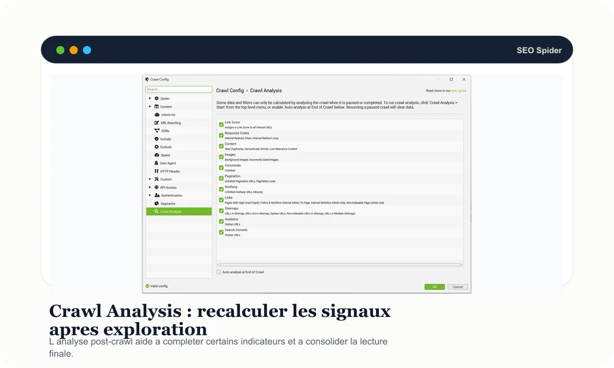 Aperçu Screaming Frog Crawl Analysis avec configuration d'analyse