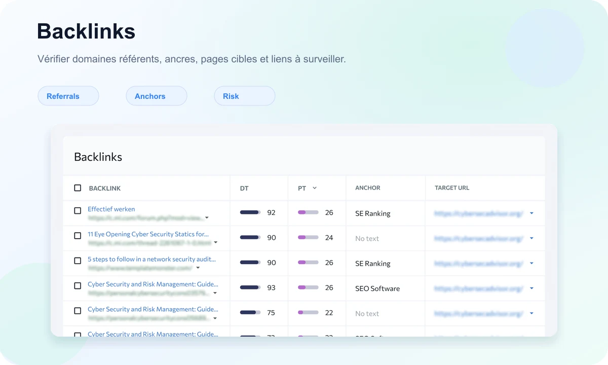 SE Ranking Backlinks preview with link list, scores, and anchors