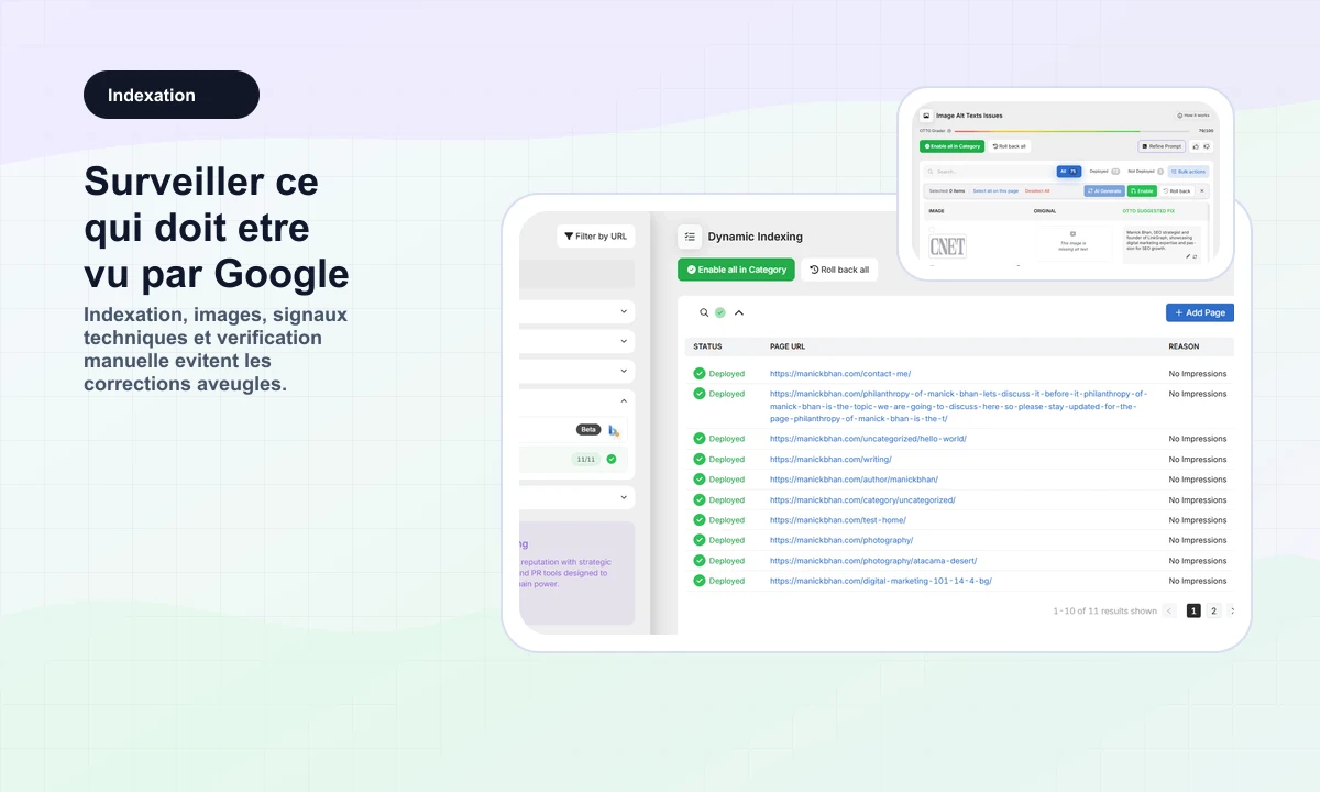 Aperçu public SearchAtlas d'indexation, images et vérifications techniques