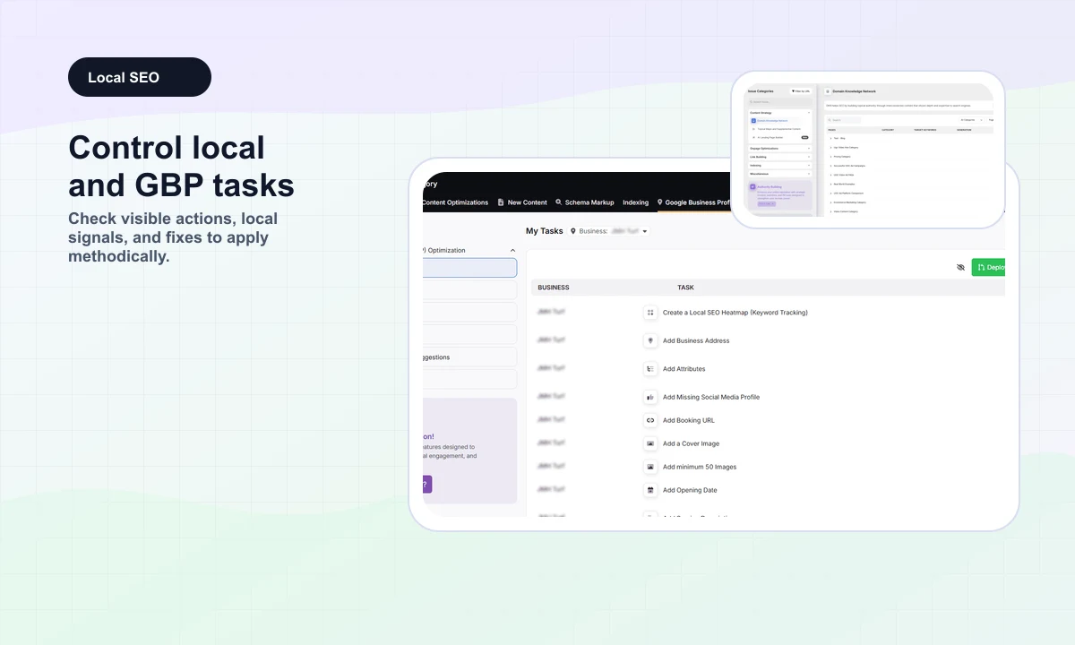 Public SearchAtlas preview of local SEO and Google Business Profile tasks