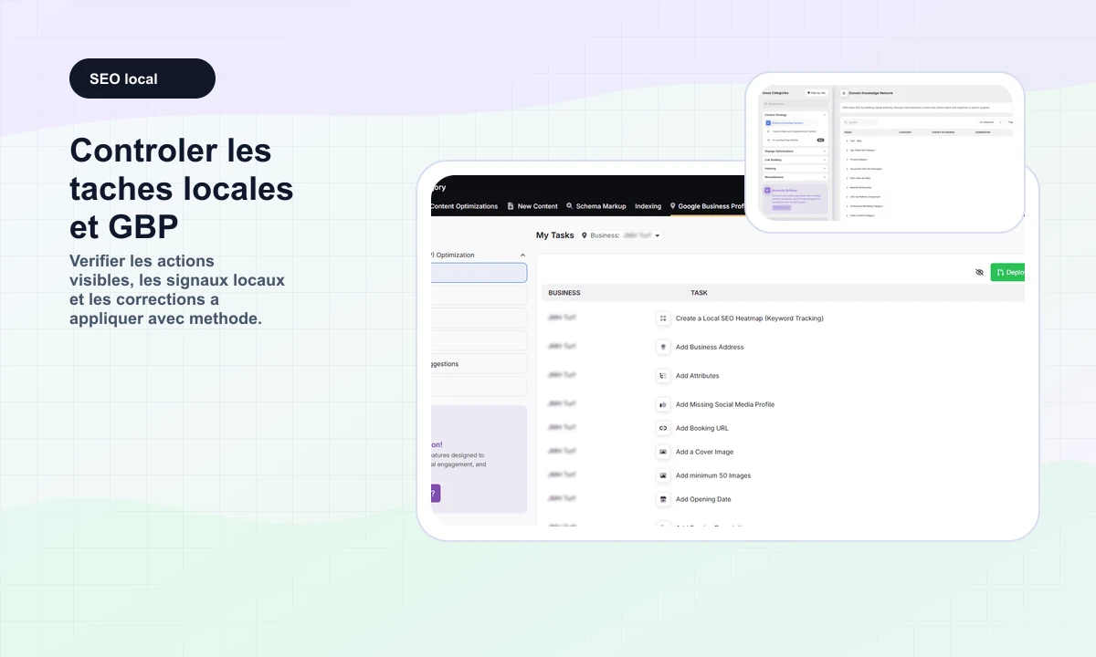 Aperçu public SearchAtlas de tâches SEO local et Google Business Profile