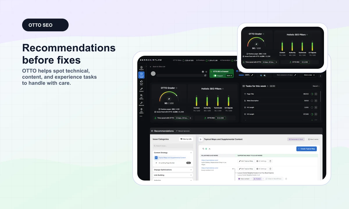 Public SearchAtlas OTTO SEO preview with recommendations and score