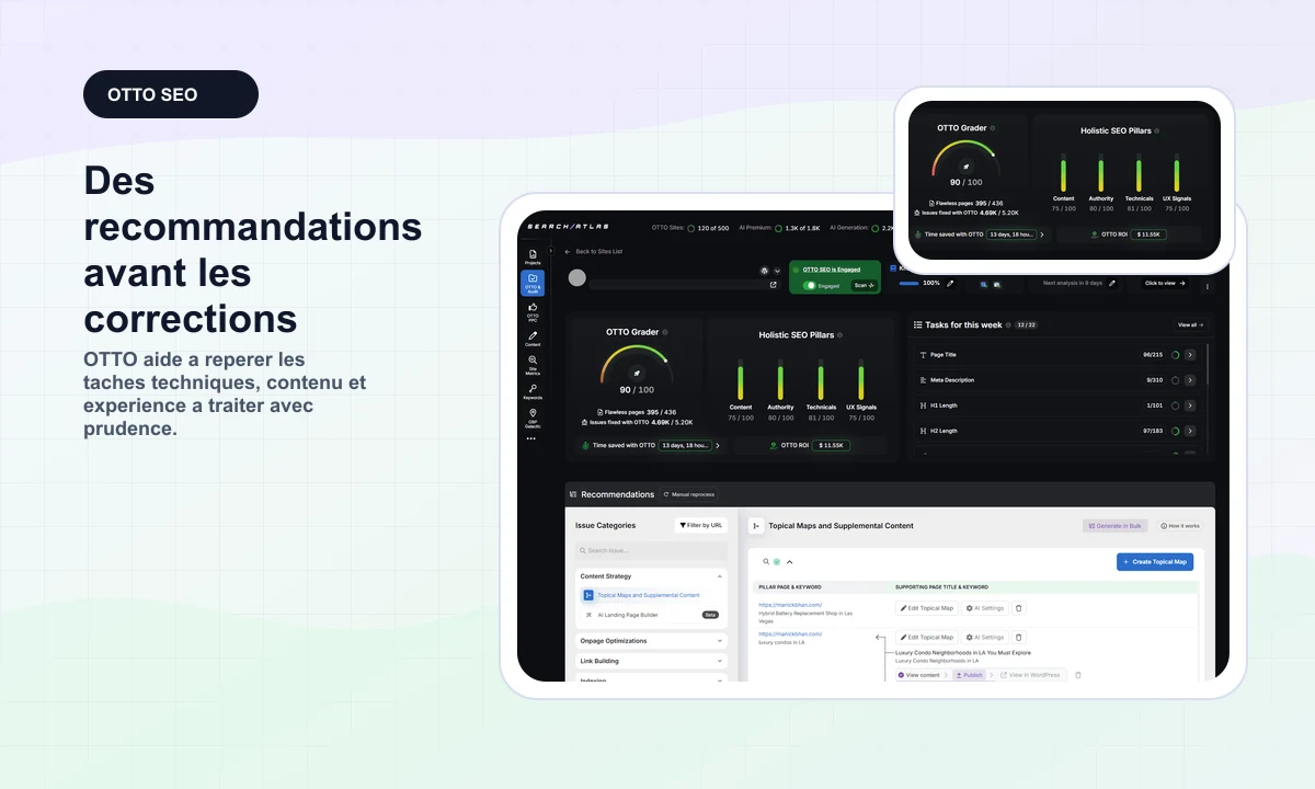 Aperçu public SearchAtlas OTTO SEO avec recommandations et score