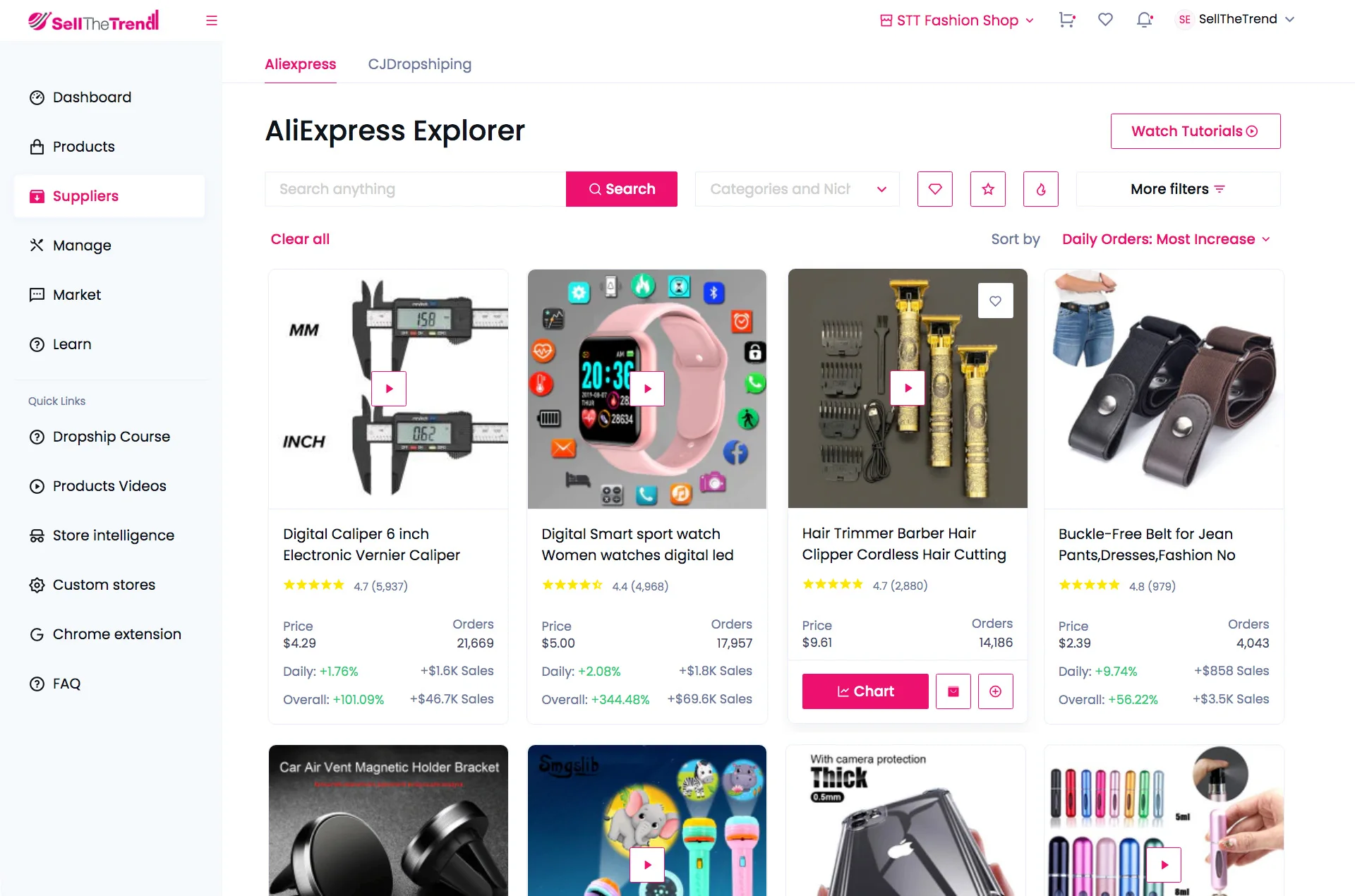 Aperçu public Sell The Trend montrant AliExpress Explorer avec produits, prix et signaux de recherche