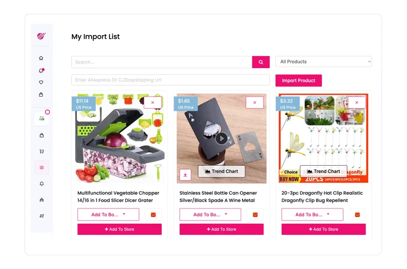 Aperçu public Sell The Trend montrant une liste d'import produit avec articles, prix et actions de boutique